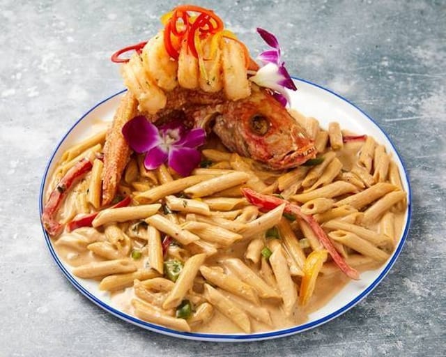 Rasta Pasta with Snapper & Shrimp.