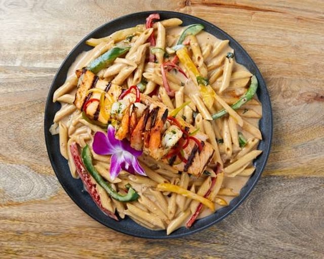 Rasta Pasta Salmon Fillet & Shrimp.