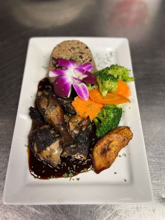 Jerk Chicken with Rice and Peas.