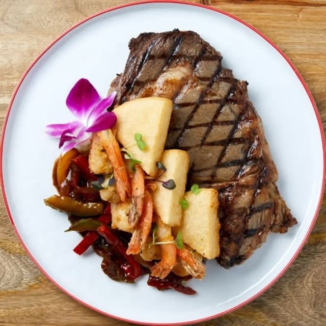 Bread Fruit with Steak & Shrimp.